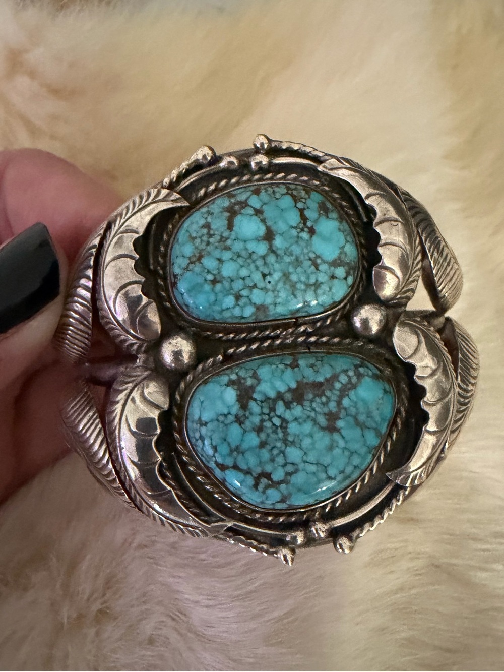 Vintage Navajo Dinè Double Turquoise Sterling Silver Cuff Bracelet Signed Ivan V
